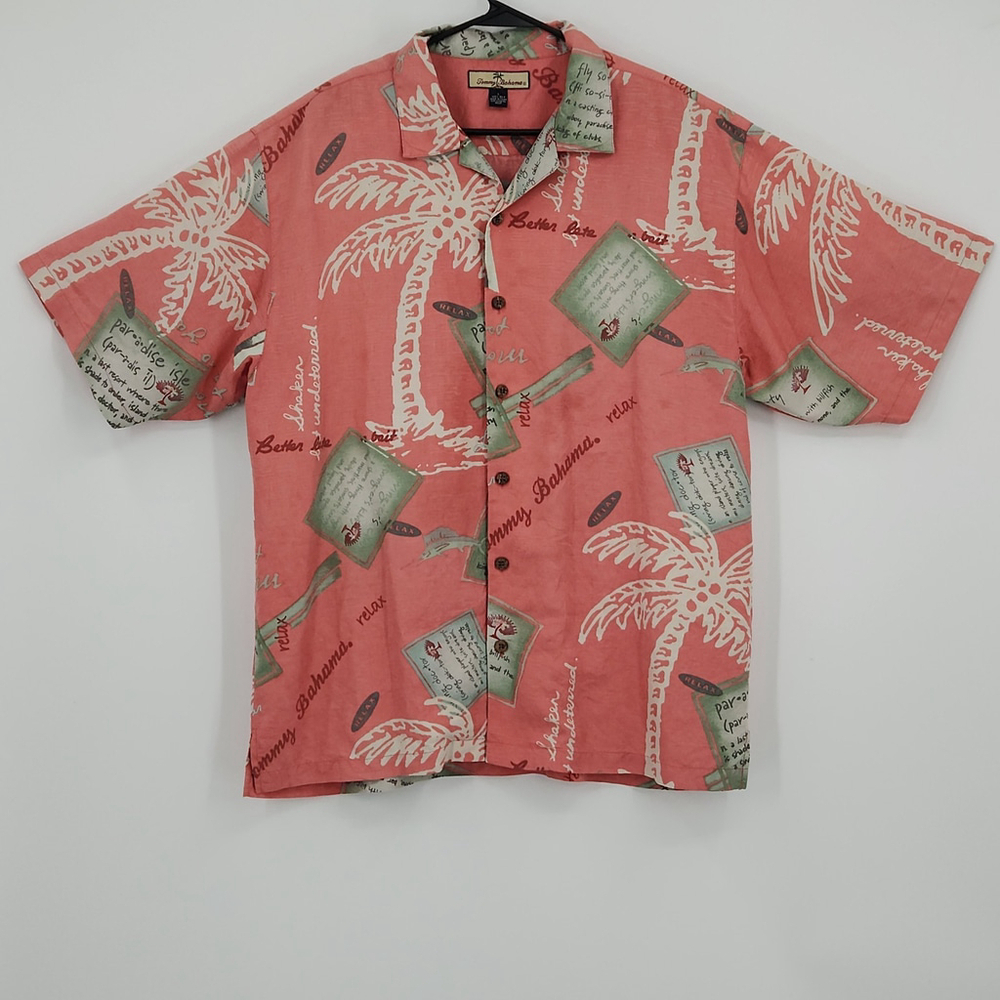 Y2K Islandcore Tommy Bahama Silk Shirt Men L Peach Palm Tree Vacation Aloha